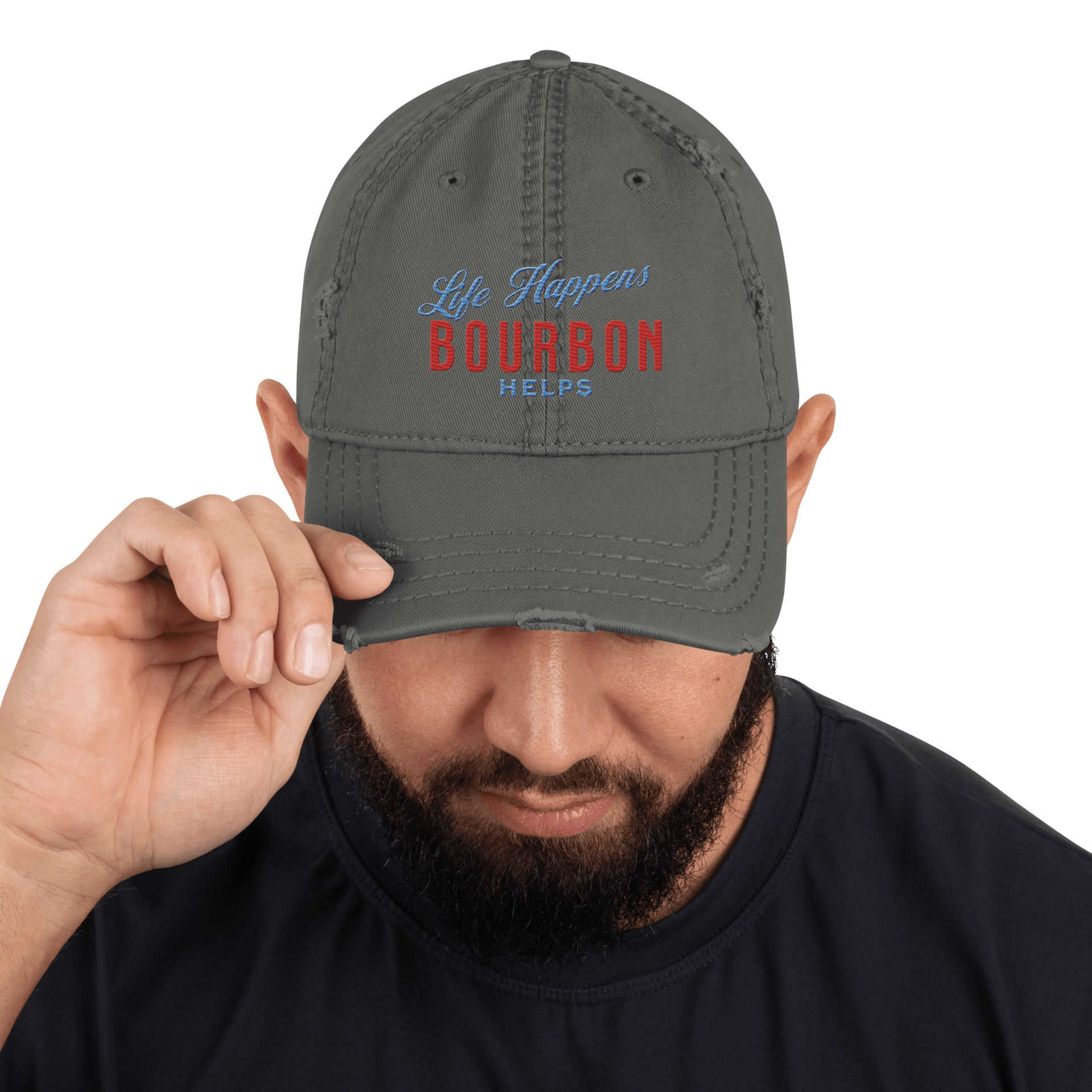 "Life Happens Bourbon Helps" Dad Hat | Fun & Edgy CapAdd flair with our "Life Happens Bourbon Helps" Dad Hat. Perfect for drinking enthusiasts. Distressed style, 100% cotton for comfort & style.