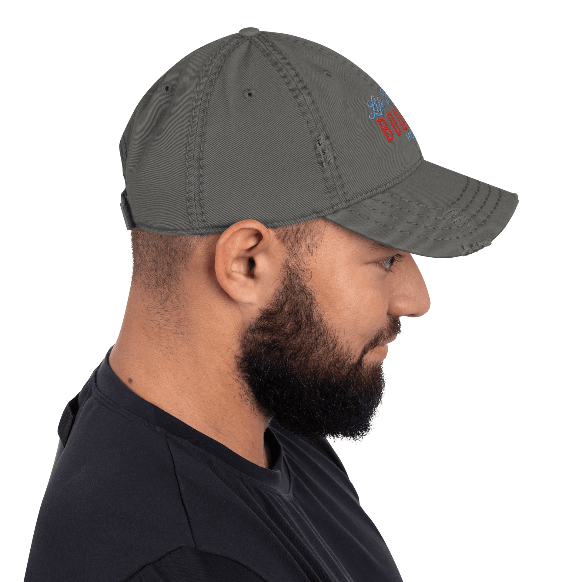 "Life Happens Bourbon Helps" Dad Hat | Fun & Edgy CapAdd flair with our "Life Happens Bourbon Helps" Dad Hat. Perfect for drinking enthusiasts. Distressed style, 100% cotton for comfort & style.