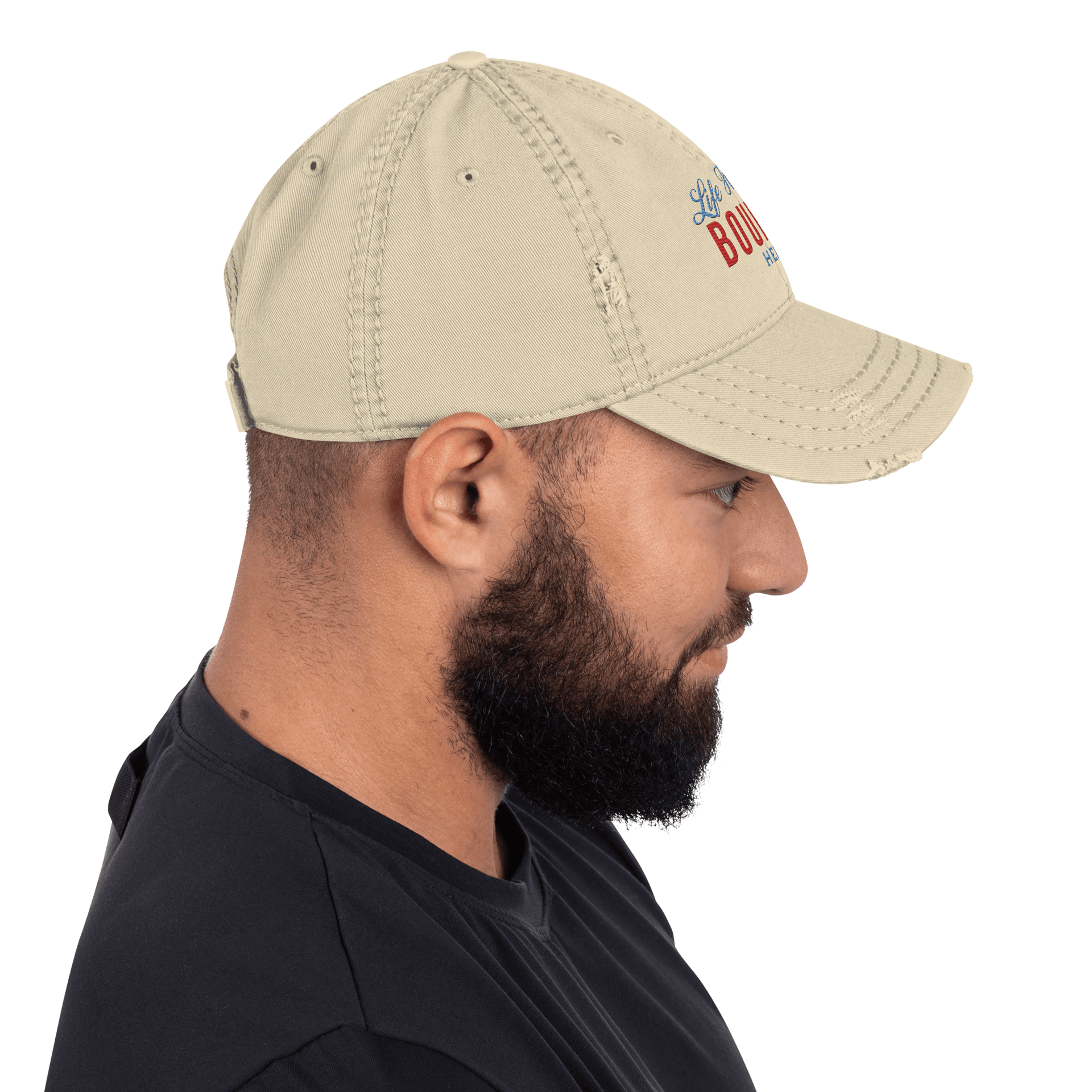 "Life Happens Bourbon Helps" Dad Hat | Fun & Edgy CapAdd flair with our "Life Happens Bourbon Helps" Dad Hat. Perfect for drinking enthusiasts. Distressed style, 100% cotton for comfort & style.