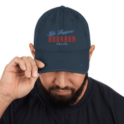 "Life Happens Bourbon Helps" Dad Hat | Fun & Edgy CapAdd flair with our "Life Happens Bourbon Helps" Dad Hat. Perfect for drinking enthusiasts. Distressed style, 100% cotton for comfort & style.