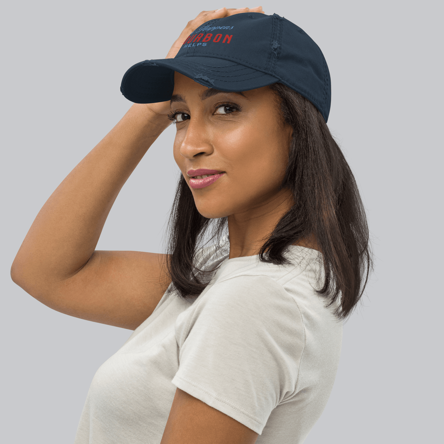 "Life Happens Bourbon Helps" Dad Hat | Fun & Edgy CapAdd flair with our "Life Happens Bourbon Helps" Dad Hat. Perfect for drinking enthusiasts. Distressed style, 100% cotton for comfort & style.