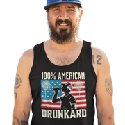 Rock your 4th of July with our '100% American Drunkard' men's tank. Perfect for BBQs or chilling with friends in patriotic style. Get yours now!