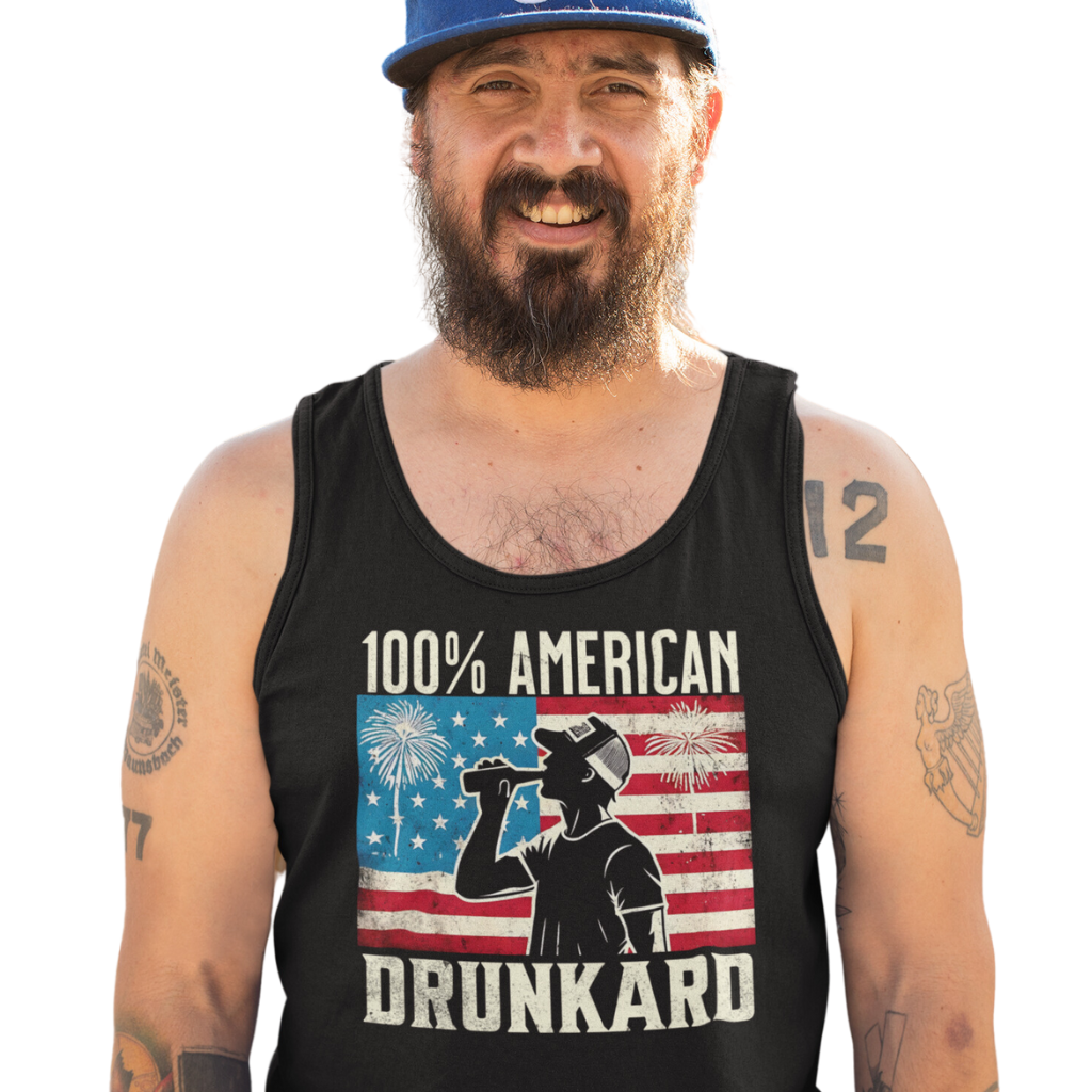 Rock your 4th of July with our '100% American Drunkard' men's tank. Perfect for BBQs or chilling with friends in patriotic style. Get yours now!