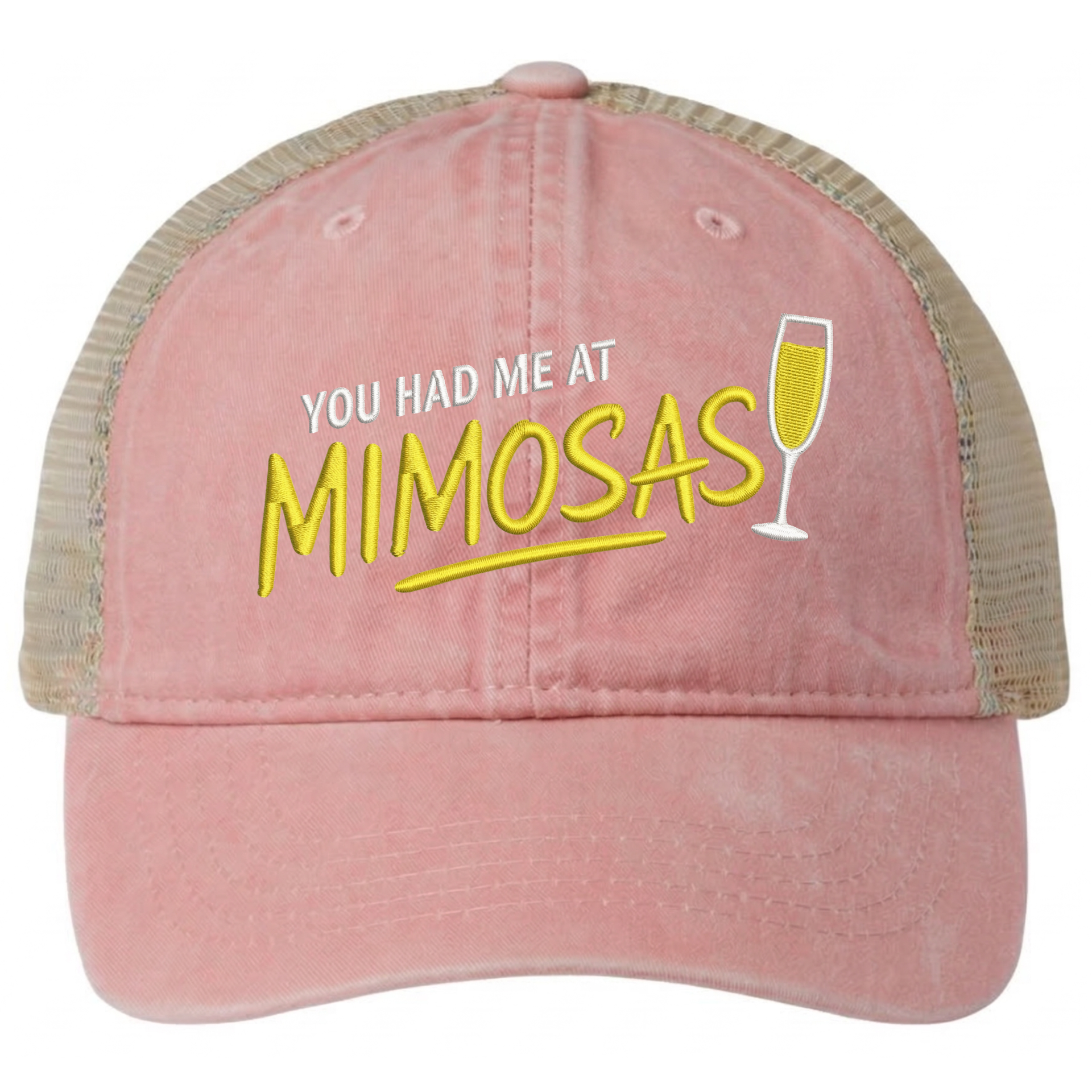 a pink and khaki ponytail trucker hat with 'You Had Me at Mimosas' text funny spring break, summer vacation, beach trip, lake season, girls trip or bachelorette had