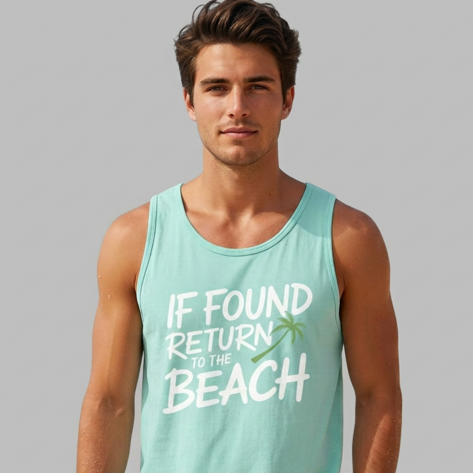 Man wearing a light blue tank top withthe phrase if found return to the beach funny spring break, girls trip, guys trip, beach trip, summer vacation, and bachelor bachelorette party design