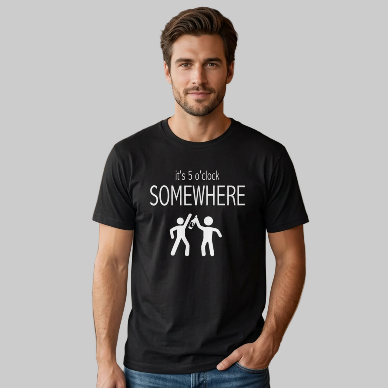 Man wearing a black t-shirt with 'it's 5 o'clock SOMEWHERE' text funny day drinking, spring break, summer acation, guys trip or girls trip design
