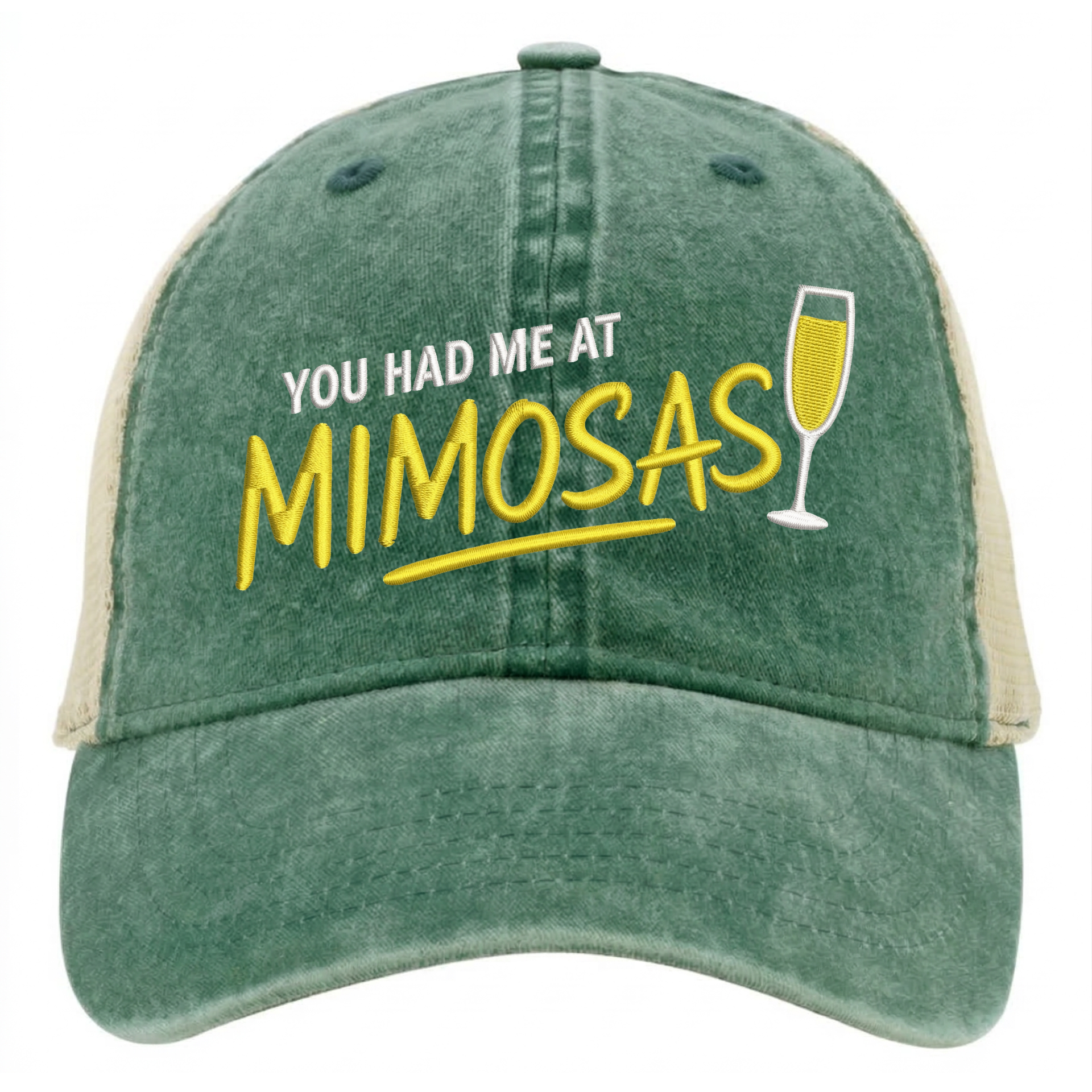 a green and khaki ponytail trucker hat with 'You Had Me at Mimosas' text funny spring break, summer vacation, beach trip, lake season, girls trip or bachelorette had