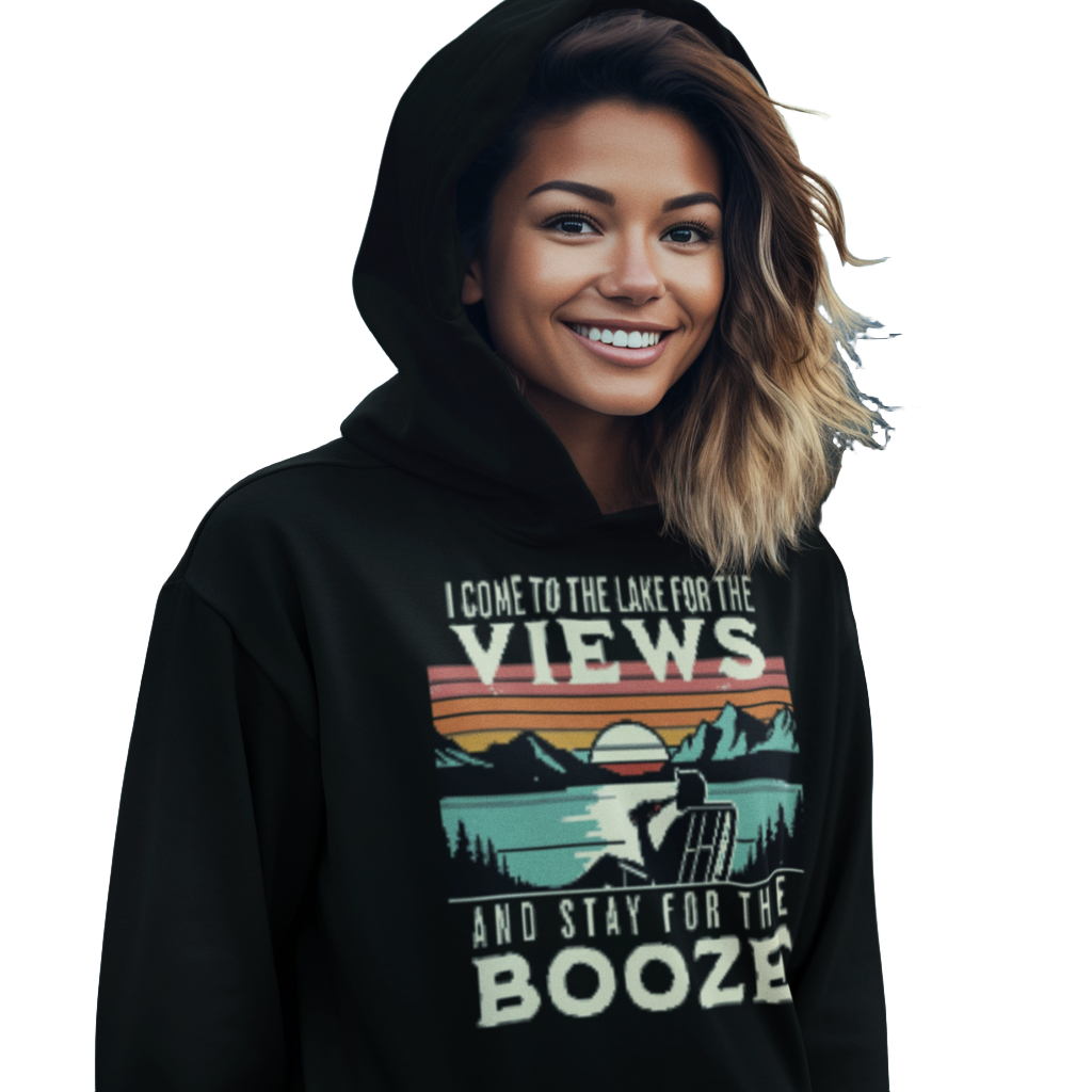 Hoodie featuring "I Come to the Lake for the Views and Stay for the Booze," with a man in a beach chair by the lake and a retro sunset.