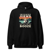 Hoodie featuring "I Come to the Lake for the Views and Stay for the Booze," with a man in a beach chair by the lake and a retro sunset.