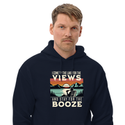 Hoodie featuring "I Come to the Lake for the Views and Stay for the Booze," with a man in a beach chair by the lake and a retro sunset.