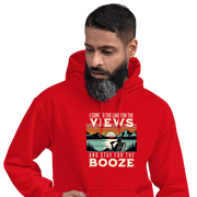 Hoodie featuring "I Come to the Lake for the Views and Stay for the Booze," with a man in a beach chair by the lake and a retro sunset.