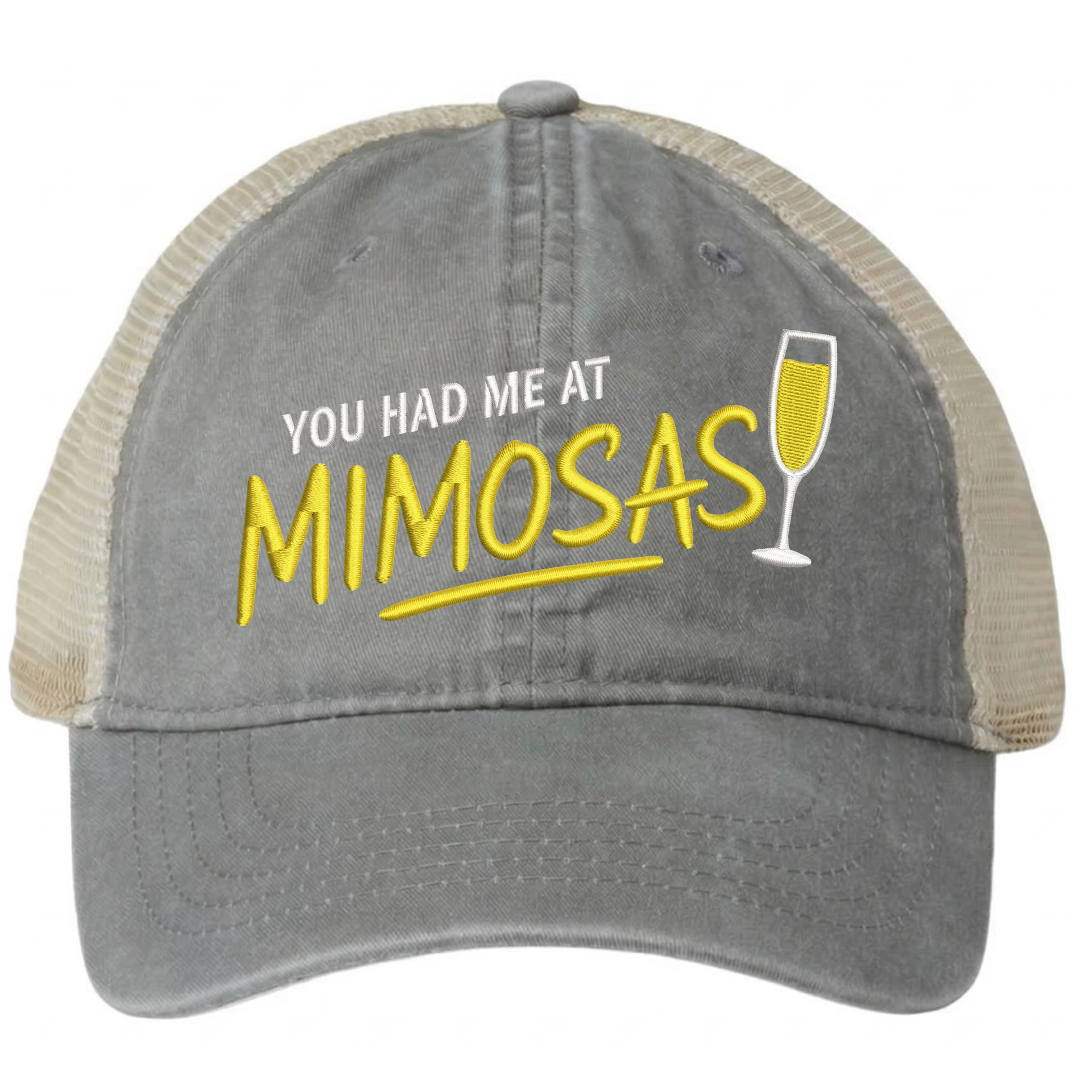a gray and khaki ponytail trucker hat with 'You Had Me at Mimosas' text funny spring break, summer vacation, beach trip, lake season, girls trip or bachelorette had