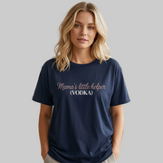 Woman wearing a navy blue t-shirt with 'Mama's little helper (VODKA)' text funny mother's day, mom life, spring break, girls trip design