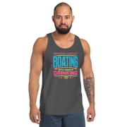 Men's tank top with phrase "Weekend Forecast: Boating with a Chance of Drinking" in bright blue, pink, and green text colors.