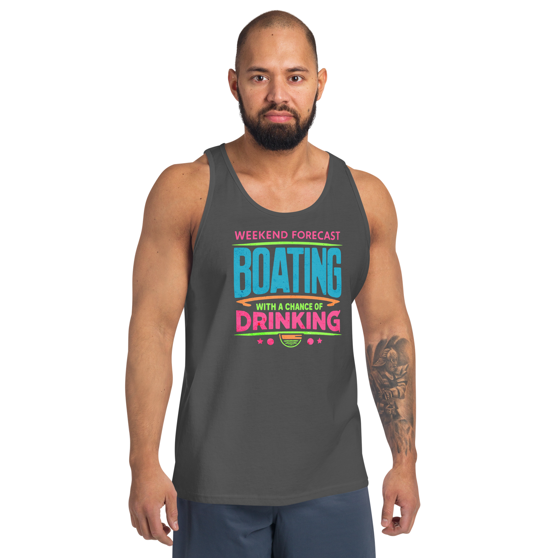 Men's tank top with phrase "Weekend Forecast: Boating with a Chance of Drinking" in bright blue, pink, and green text colors.