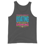 Men's tank top with phrase "Weekend Forecast: Boating with a Chance of Drinking" in bright blue, pink, and green text colors.