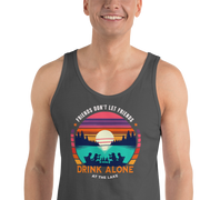 Men's tank top with "Friends Don't Let Friends Drink Alone at the Lake," plus lake and sunset graphics.