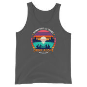 Men's tank top with "Friends Don't Let Friends Drink Alone at the Lake," plus lake and sunset graphics.