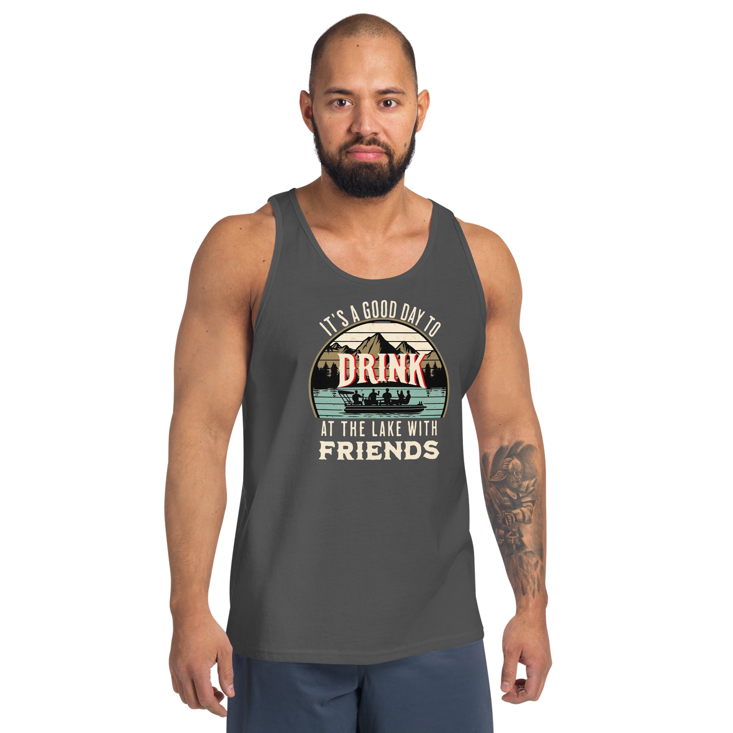Men's tank top with "It's a Good Day to Drink at the Lake with Friends," depicting friends on a boat, lake and mountains.