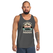 Men's tank top with "It's a Good Day to Drink at the Lake with Friends," depicting friends on a boat, lake and mountains.