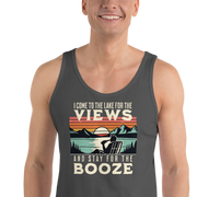 Men's tank top with "I Come to the Lake for the Views and Stay for the Booze," showing a man in a beach chair, lake, and sunset.