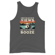 Men's tank top with "I Come to the Lake for the Views and Stay for the Booze," showing a man in a beach chair, lake, and sunset.