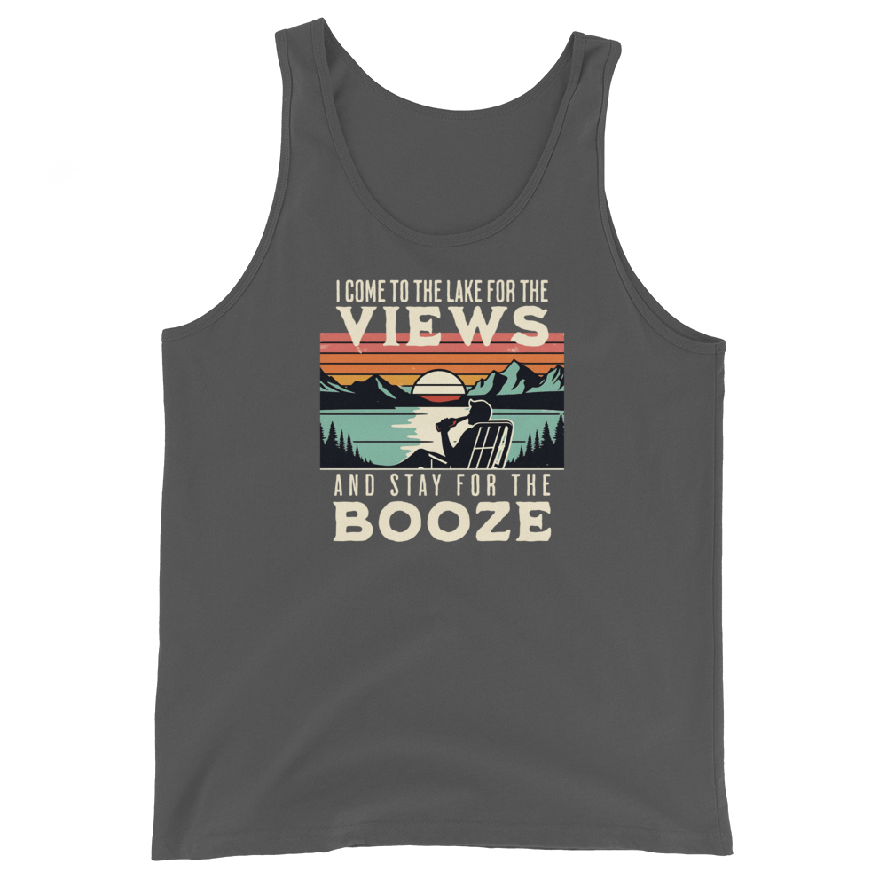 Men's tank top with "I Come to the Lake for the Views and Stay for the Booze," showing a man in a beach chair, lake, and sunset.