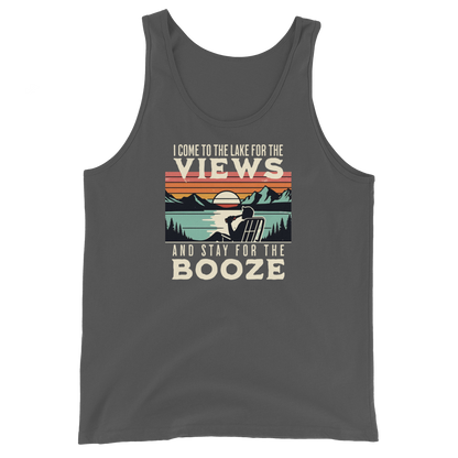 Men's tank top with "I Come to the Lake for the Views and Stay for the Booze," showing a man in a beach chair, lake, and sunset.