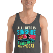 Men's tank top with "All I Need Is Sunshine, a Cold Beer, and My Boat," showing a man in a boat at sunset.