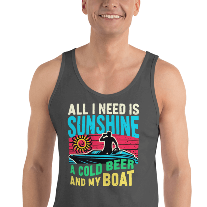 Men's tank top with "All I Need Is Sunshine, a Cold Beer, and My Boat," showing a man in a boat at sunset.