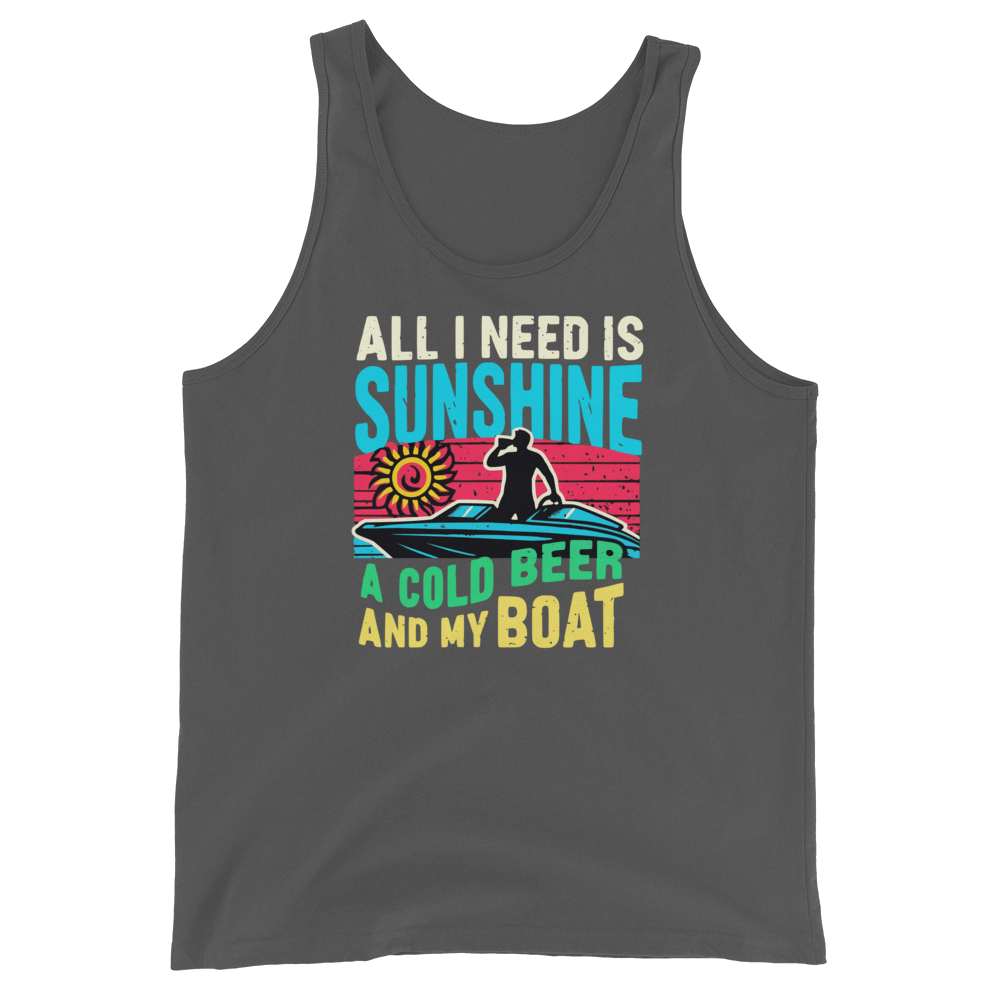 Men's tank top with "All I Need Is Sunshine, a Cold Beer, and My Boat," showing a man in a boat at sunset.