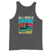 Men's tank top with "All I Need Is Sunshine, a Cold Beer, and My Boat," showing a man in a boat at sunset.