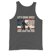 Men's tank top with 'Let's Drink Booze and Light the Fuse' text, featuring a festive, patriotic 4th of July theme.