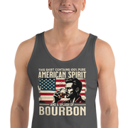 Men's tank top with 'This Shirt Contains 100% American Spirit and a Splash of Bourbon' text, man drinking a glass of bourbon, and distressed American flag background