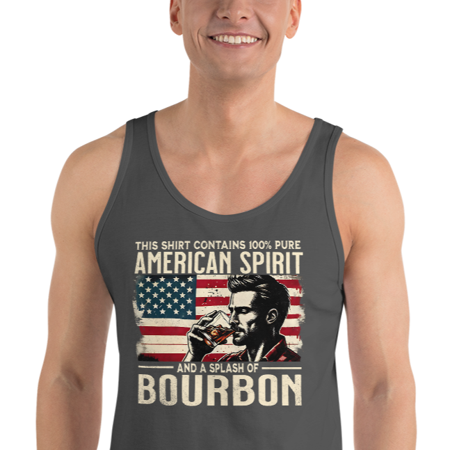 Men's tank top with 'This Shirt Contains 100% American Spirit and a Splash of Bourbon' text, man drinking a glass of bourbon, and distressed American flag background