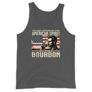 Men's tank top with 'This Shirt Contains 100% American Spirit and a Splash of Bourbon' text, man drinking a glass of bourbon, and distressed American flag background