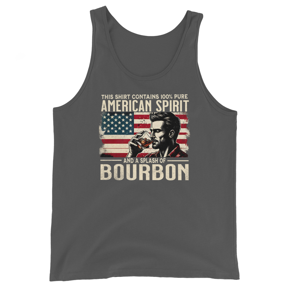 Men's tank top with 'This Shirt Contains 100% American Spirit and a Splash of Bourbon' text, man drinking a glass of bourbon, and distressed American flag background