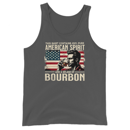 Men's tank top with 'This Shirt Contains 100% American Spirit and a Splash of Bourbon' text, man drinking a glass of bourbon, and distressed American flag background