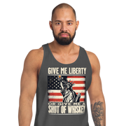 'Give Me Liberty or Give Me Whiskey' text, Statue of Liberty holding a shot glass, and distressed American flag background