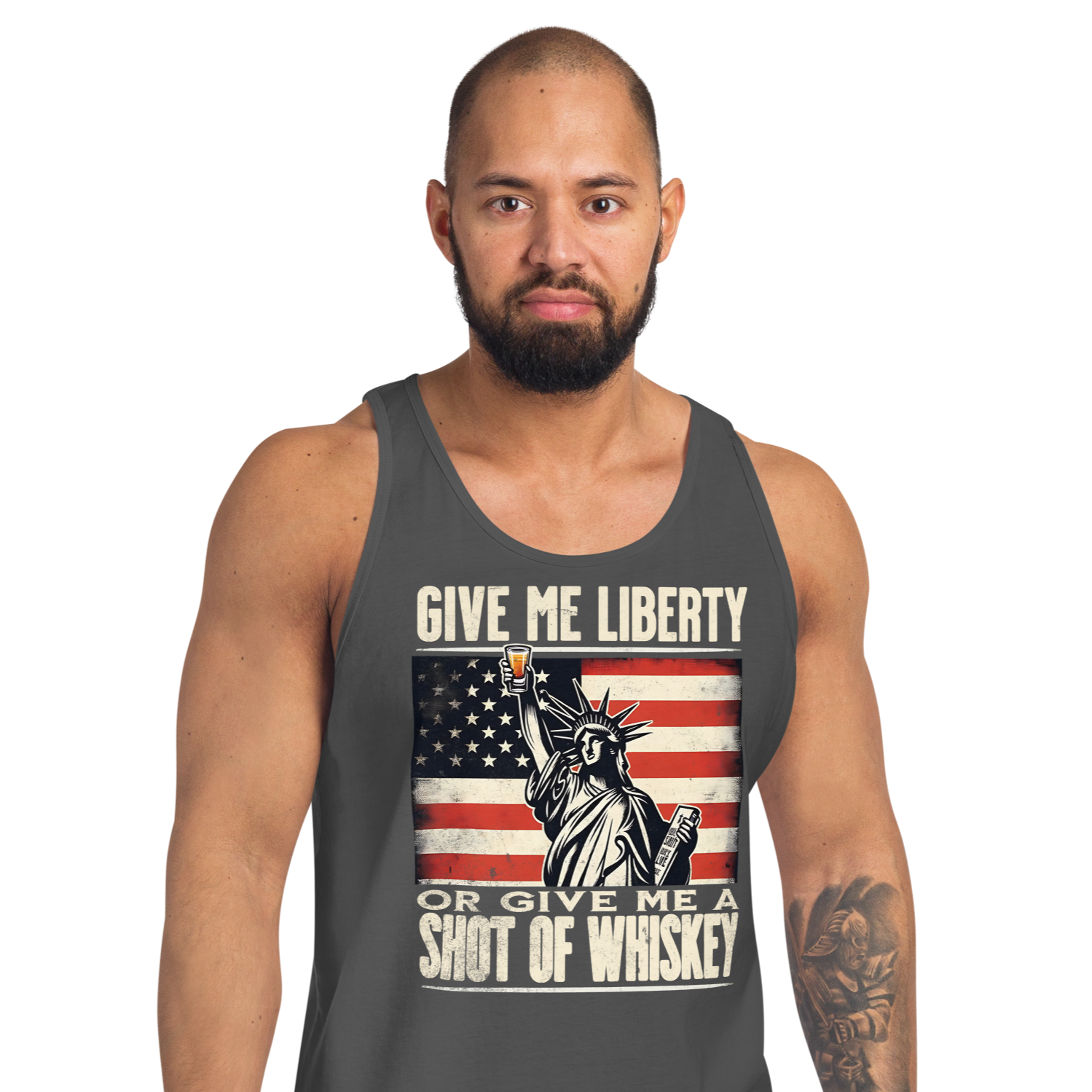 'Give Me Liberty or Give Me Whiskey' text, Statue of Liberty holding a shot glass, and distressed American flag background