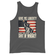 'Give Me Liberty or Give Me Whiskey' text, Statue of Liberty holding a shot glass, and distressed American flag background