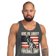 Tank top with Give Me Liberty or Give Me a Fireball Shot text, Statue of Liberty holding a shot glass, and distressed American flag background. Perfect for 4th of July.