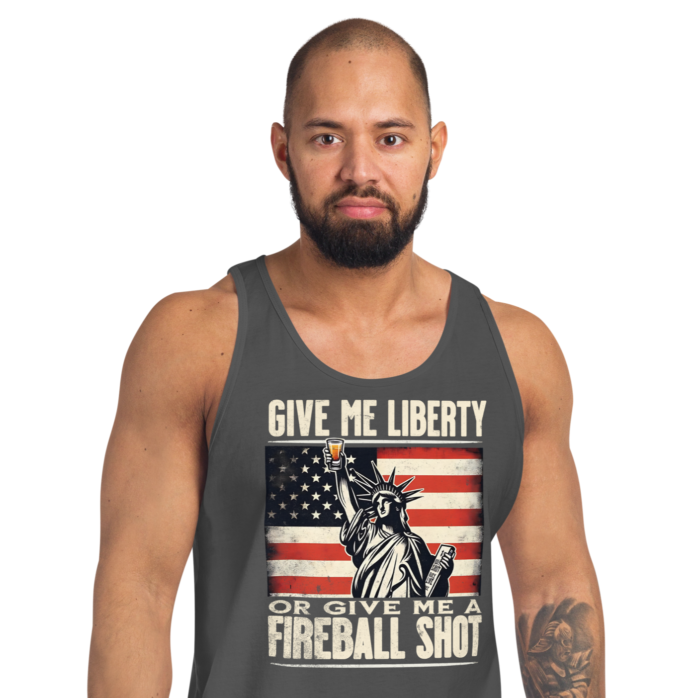 Tank top with Give Me Liberty or Give Me a Fireball Shot text, Statue of Liberty holding a shot glass, and distressed American flag background. Perfect for 4th of July.