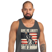 Tank top with Give Me Liberty or Give Me a Shot of Bourbon text, Statue of Liberty holding a shot glass, and distressed American flag background. Perfect for 4th of July.