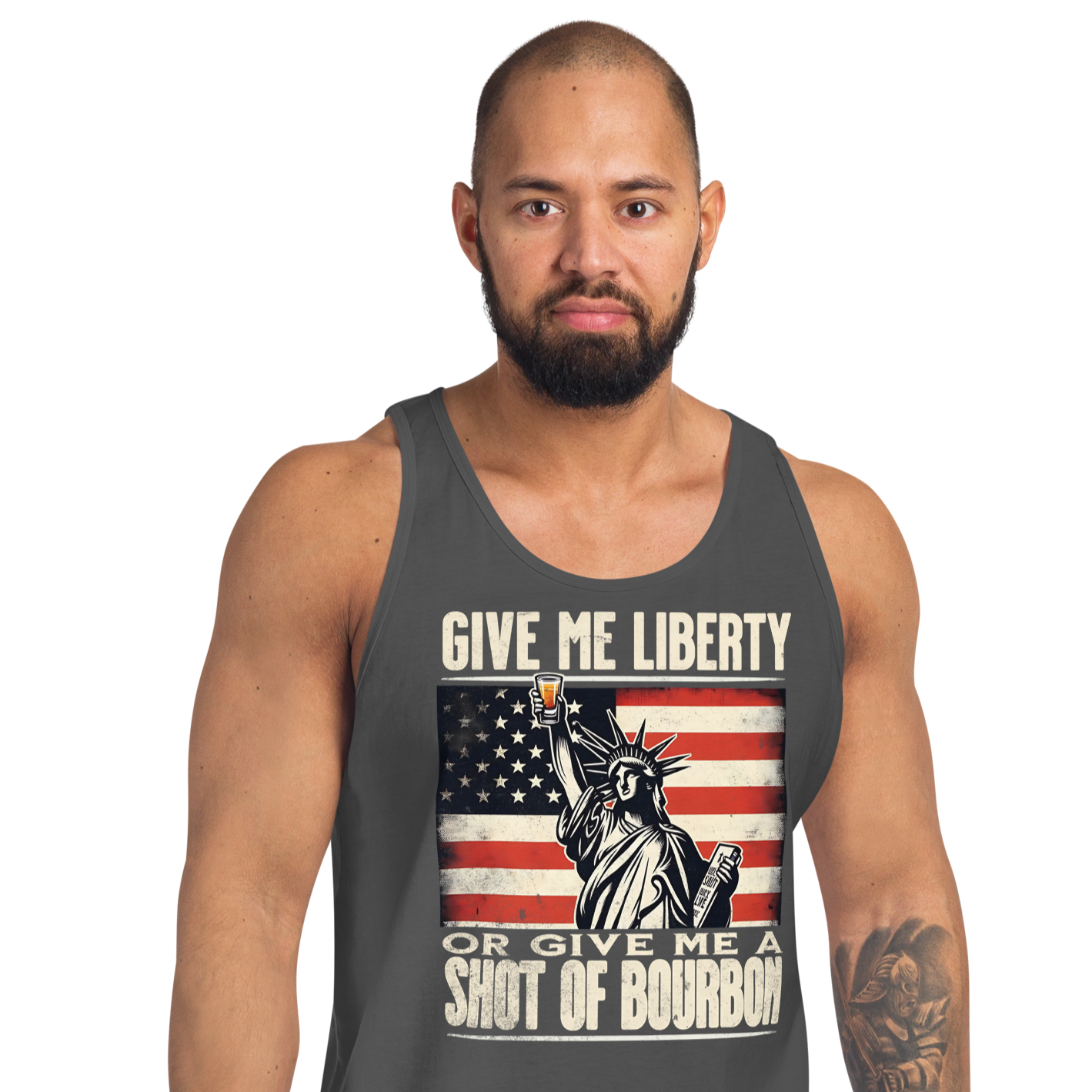 Tank top with Give Me Liberty or Give Me a Shot of Bourbon text, Statue of Liberty holding a shot glass, and distressed American flag background. Perfect for 4th of July.