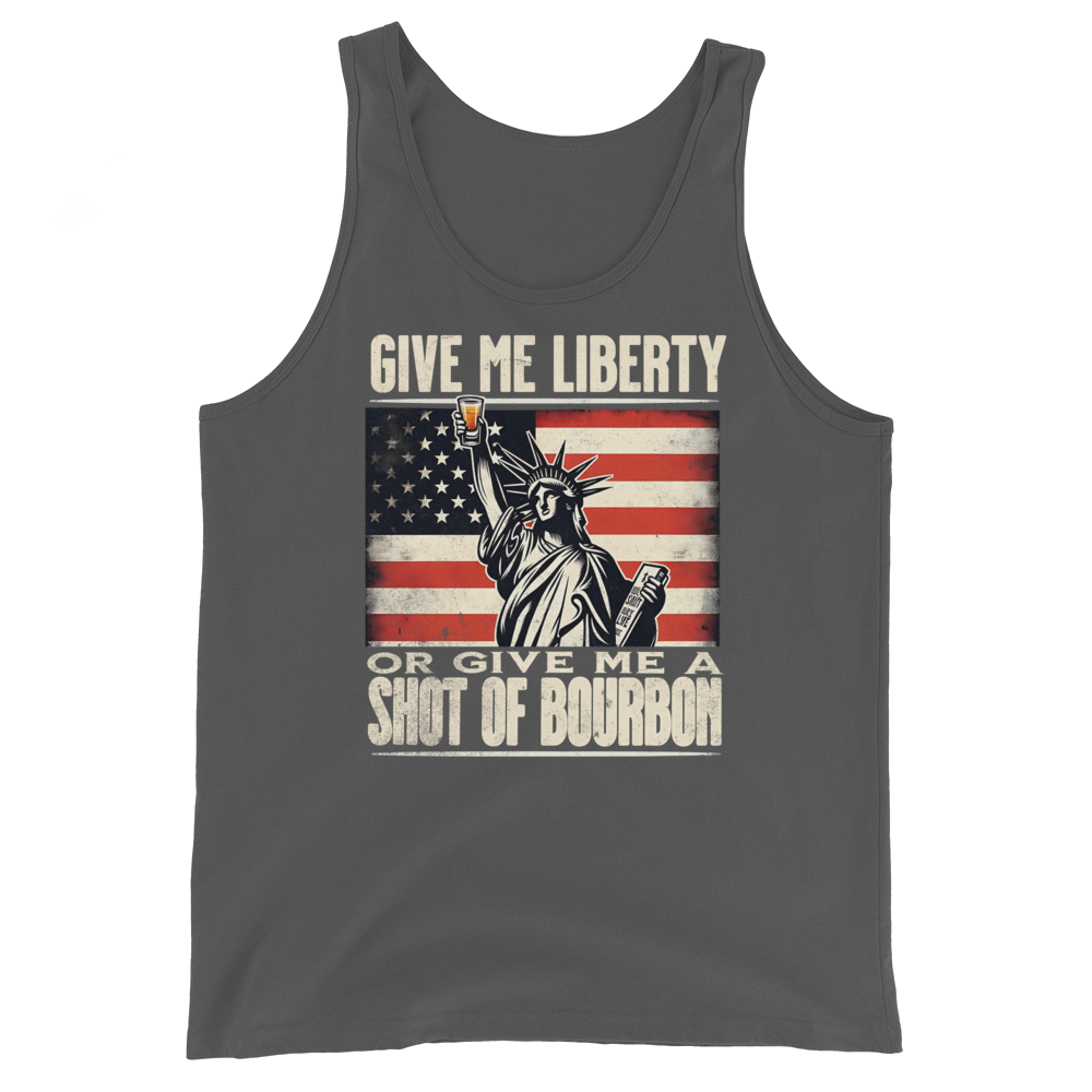Tank top with Give Me Liberty or Give Me a Shot of Bourbon text, Statue of Liberty holding a shot glass, and distressed American flag background. Perfect for 4th of July.