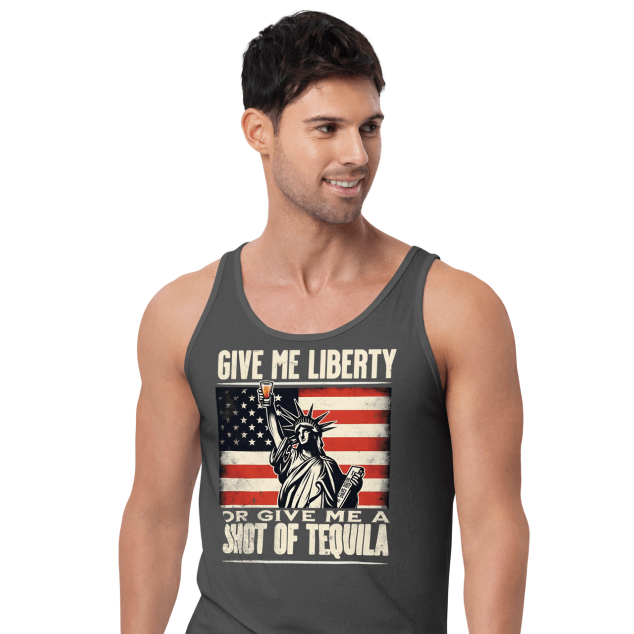 Tank top with Give Me Liberty or Give Me a Shot of Tequila text, Statue of Liberty holding a shot glass, and distressed American flag background. Perfect for 4th of July.