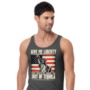 Tank top with Give Me Liberty or Give Me a Shot of Tequila text, Statue of Liberty holding a shot glass, and distressed American flag background. Perfect for 4th of July.