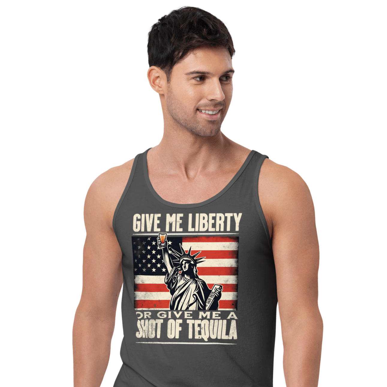 Tank top with Give Me Liberty or Give Me a Shot of Tequila text, Statue of Liberty holding a shot glass, and distressed American flag background. Perfect for 4th of July.