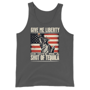 Tank top with Give Me Liberty or Give Me a Shot of Tequila text, Statue of Liberty holding a shot glass, and distressed American flag background. Perfect for 4th of July.